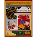 A C19th Indian miniature depicting a script storyline from the Ragamala Mewar, Holyman blessing