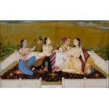 A C19th Indian miniature painting depicting a loving couple with musicians, India, possibly Lucknow,