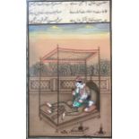 An Indian miniature depicting loving couple on four poster day bed on balcony with storyline