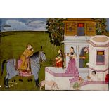 A C19th Indian miniature depicting a nobleman on horse smoking huqqua in front of a palace Pahari,