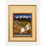 A C19th century Indian painting of Shiva driving a two horse regal chariot through the forest,