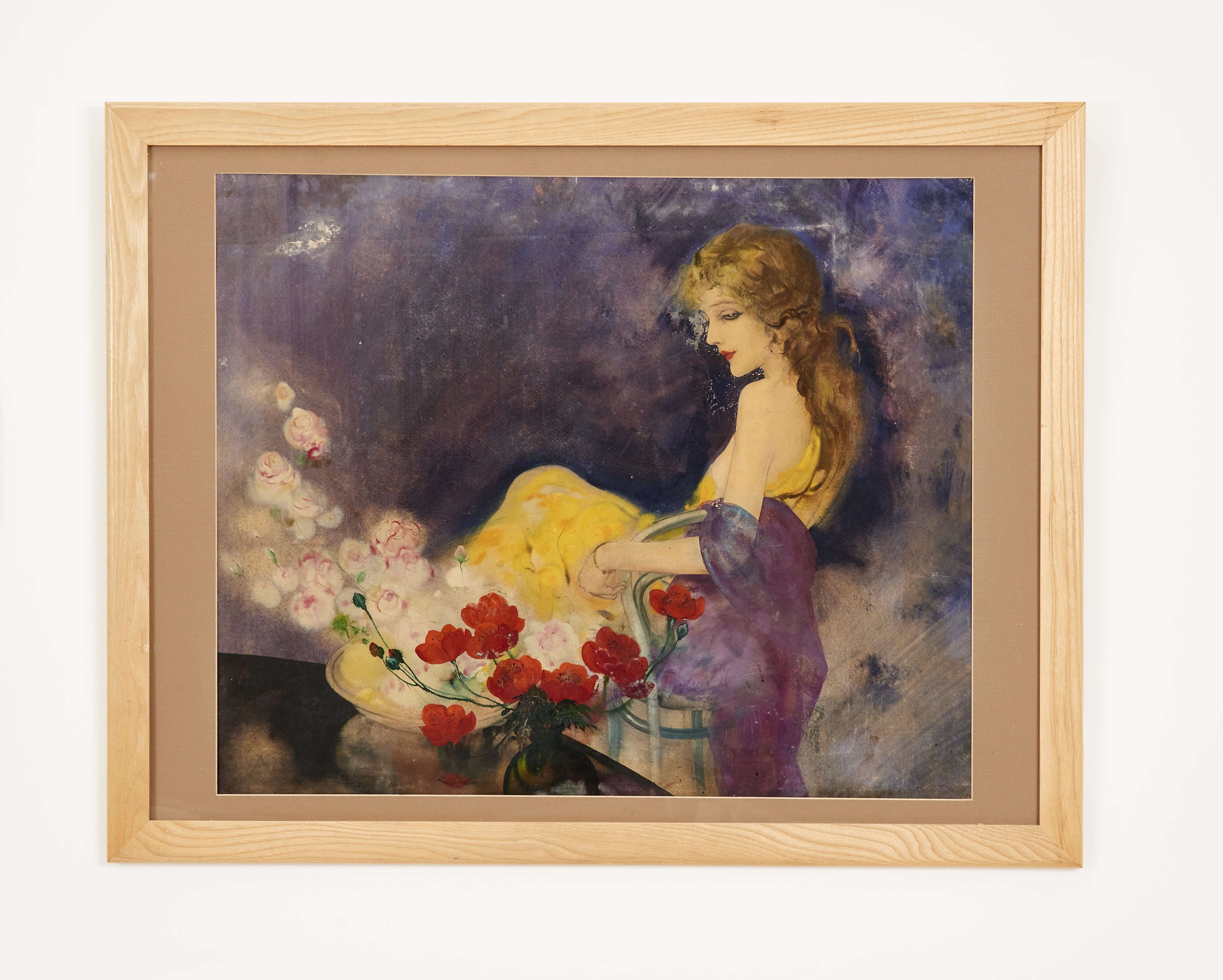 An Art Nouveau original artwork watercolour of beautiful maiden reclining in yellow dress,