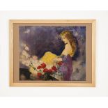 An Art Nouveau original artwork watercolour of beautiful maiden reclining in yellow dress,