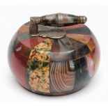 A late 19th century Scottish polished specimen agate inkwell: in the form of a curling stone,