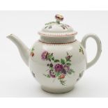 A Worcester polychrome teapot and cover: of globular form with flower finial,