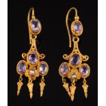 A pair of gold, amethyst and seed pearl trefoil cluster drop earrings:, 4.5gms gross weight.