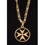 A four-pointed star design, circular pendant on 18ct gold fancy-link chain:, 19gms gross weight.