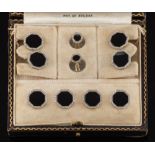 A suite of art deco black onyx, diamond and 18ct white gold cuff-links,