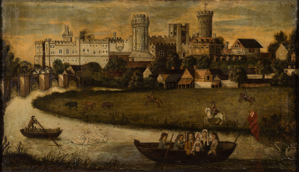 English Provincial School Circa 1700- Warwick Castle:-, figures on a punt in the foreground,