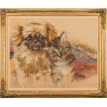 * Alice des Clayes [1890-1968]- Portrait of a Pekinese dog and a cat:- signed bottom