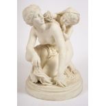 A Gustavsberg parian figure group: modelled as a scantily draped mother and child at play,