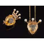 A 9ct gold heart-shaped citrine and cultured seed-pearl pendant on chain and matching brooch:.