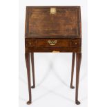 A late 19th Century walnut veneer and chequer inlaid bureau of small size:,