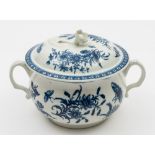 A Worcester blue and white two-handled broth bowl and cover: with flower finial and ridged scroll