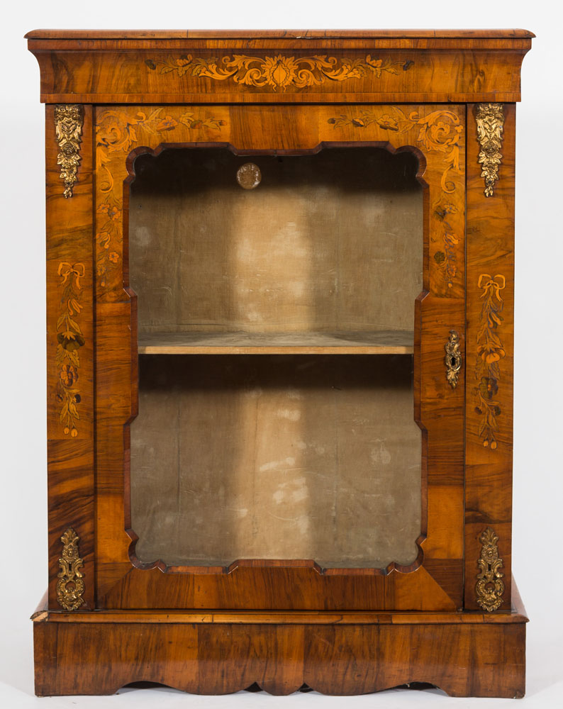 A Victorian walnut, inlaid and gilt metal mounted pier cabinet:,