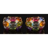 A pair of diamond and multi-colour gem-set clip earrings: each with a curved cluster of oval