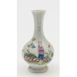 An early Worcester small hexagonal vase: painted in the famille rose palette with a Chinese figure