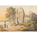 Attributed to John Laporte [1761-1839]- Figures walking by a lakeside ruin:- bears signature and