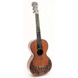 An early 19th century six string guitar: with ebonised and steel inlaid finger board,