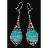 A pair of Arts and Crafts style opal doublet mounted drop earrings: each of tapering foliate design