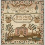 A George III small needlework sampler: decorated with a crown held by two cherubs,