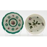 A Worcester 'French Green' lobed dish and a circular deep dish: the first painted with insects and