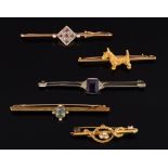 Five various bar brooches: to include a 'Scottie dog' bar brooch,