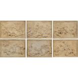 A set of six low relief plaques: depicting Bacchanalian scenes with putti and satyrs,