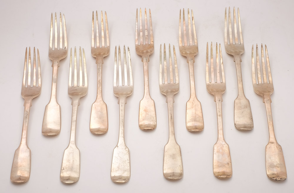 A set of eleven Victorian silver Fiddle pattern table forks, maker John Samuel Hunt, London,