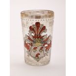 A German enamelled glass armorial tumbler, dated 1594: with gilt rim,