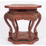 A Chinese carved cinnabar lacquer urn stand:, of shaped hexagonal outline,