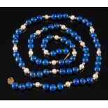 A lapis lazuli bead and cultured pearl single string necklace:,