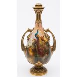 A Royal Worcester porcelain lamp: of slender two handled pedestal form with raised strap work to