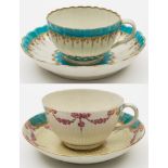 A Worcester reeded tea cup and saucer and a fluted tea cup and saucer: the first with turquoise