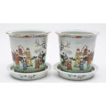 A pair of Chinese porcelain jardinieres and matched stands: The jardinieres of flaring cylindrical