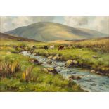 * Charles J MaCauley [1910-1999]- Cattle grazing beside a moorland stream:- signed oil on board 36
