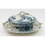 A small Worcester blue and white oval tureen, cover and stand: with stalk and leaf handles,