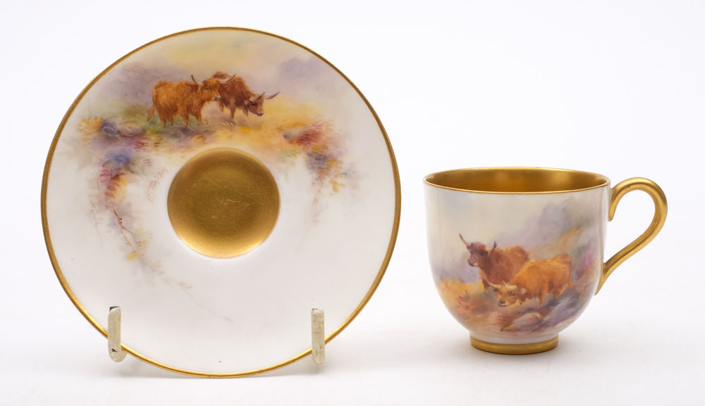 A Royal Worcester coffee cup and saucer painted by Harry Stinton: painted with vignettes of