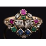 A late 18th century diamond and gem-set foliate cluster ring: with rose-cut diamonds, sapphires,