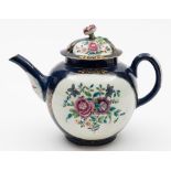 A Worcester teapot and cover: of globular form with flower finial, painted with panels of puce,