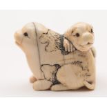 A Japanese carved and stained ivory netsuke: of two playing dogs,