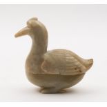 A Chinese carved jade model of a duck: in two parts with carved feather decoration, 13cm.