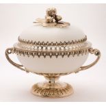 An opaque white glass circular pedestal bowl and cover with plated mounts: of circular form,