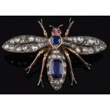 A 19th century sapphire and diamond bee brooch: set with rose-cut diamonds,