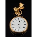 A lady's 18ct gold open face pocket watch: the circular white enamel dial with Roman numerals,