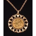 A sovereign dated '1959' mounted as a pendant within an 18ct gold mount and on 9ct gold chain:.