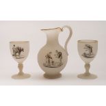 A mid 19th century Richardson Vitrified opaline glass jug and a pair of matching goblets: by W.H, B.