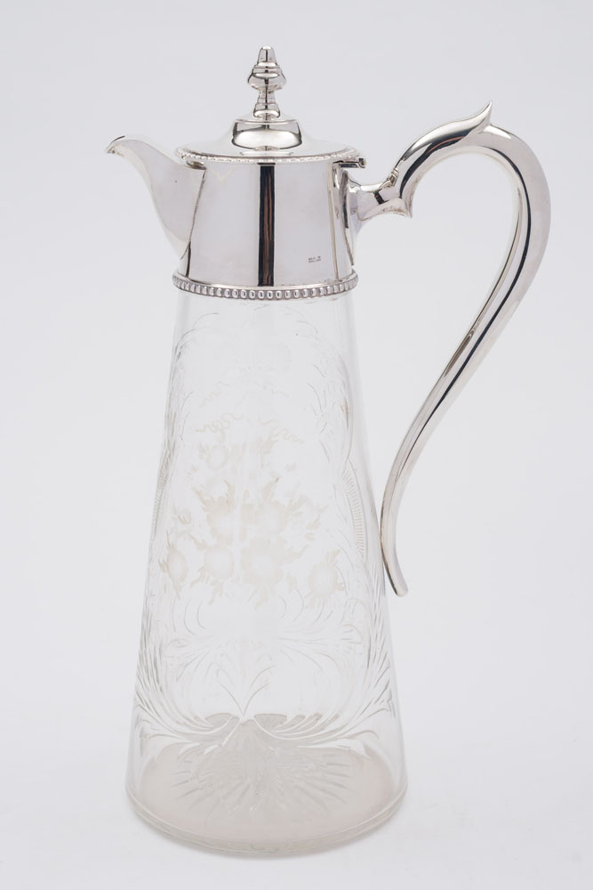 An Elizabeth II glass and silver mounted claret jug, maker Asprey & Co Ltd, London,