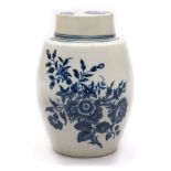 A Worcester blue and white tea canister and cover: of barrel form,
