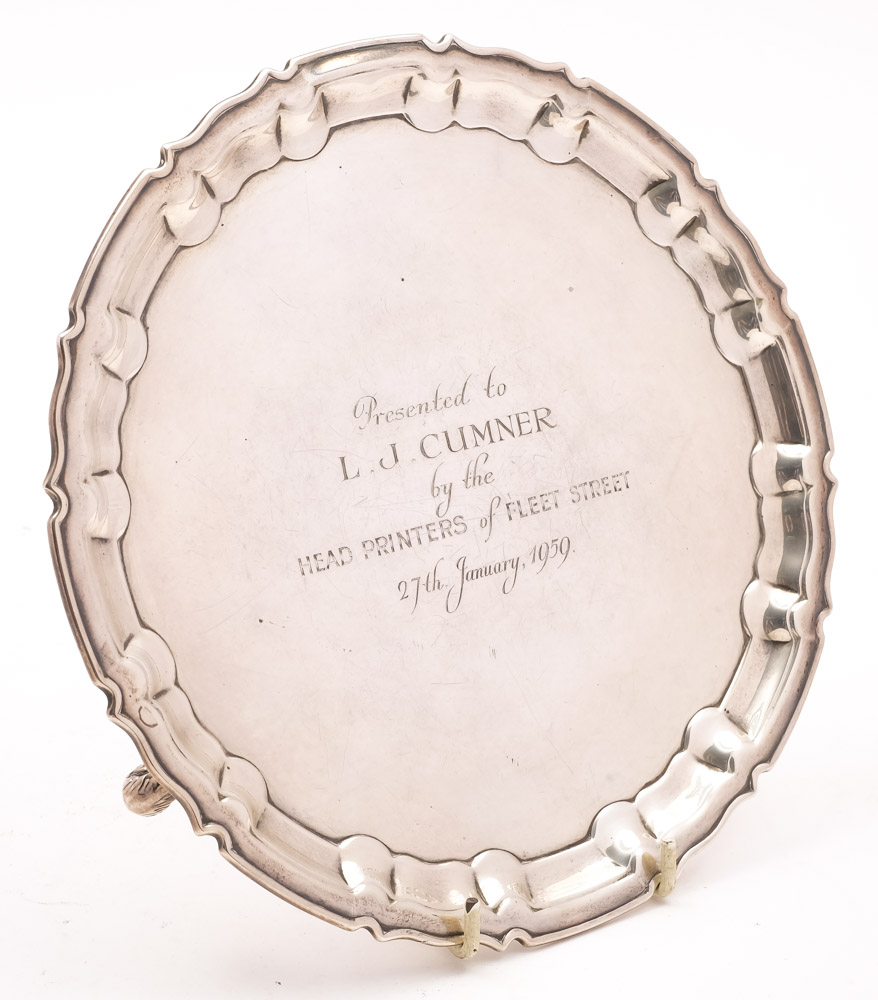 An Edward VII silver waiter, maker William Hutton & Son Ltd, London, 1908: inscribed,